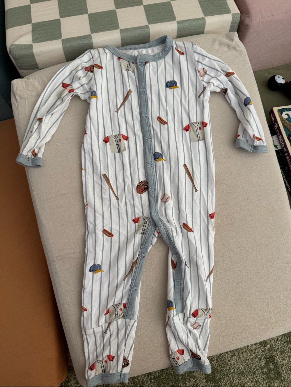Baseball Print White & Gray Baby One-Piece Pajamas